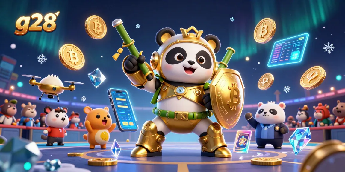 g28 casino action featuring a mech-suit panda battling amid neon crypto and dynamic gaming elements