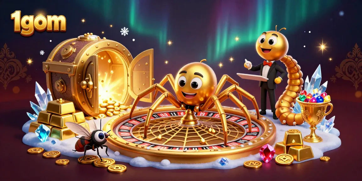 Bet with 1gom as the golden spider spins a roulette web amidst treasure and jewels.