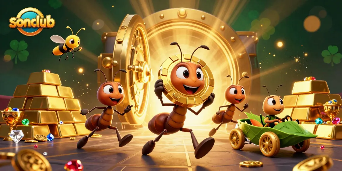 Experience thrilling wins at sonclub with cartoon heist ants carrying giant golden poker chips amidst treasure.