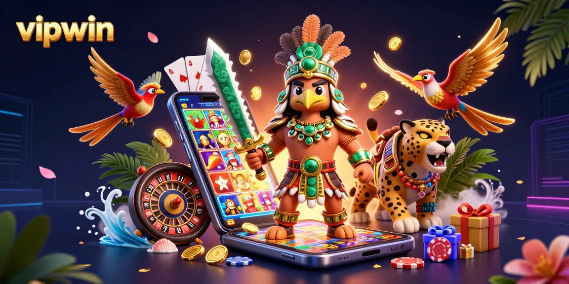 Experience vipwin's dynamic casino action with an Aztec warrior, smartphone games, and vibrant casino elements