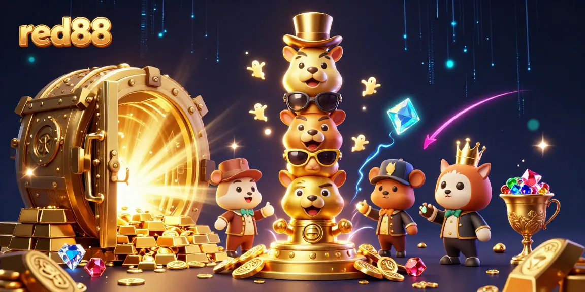 Experience thrilling games with red88, featuring a vibrant casino scene of golden treasures and lively characters.