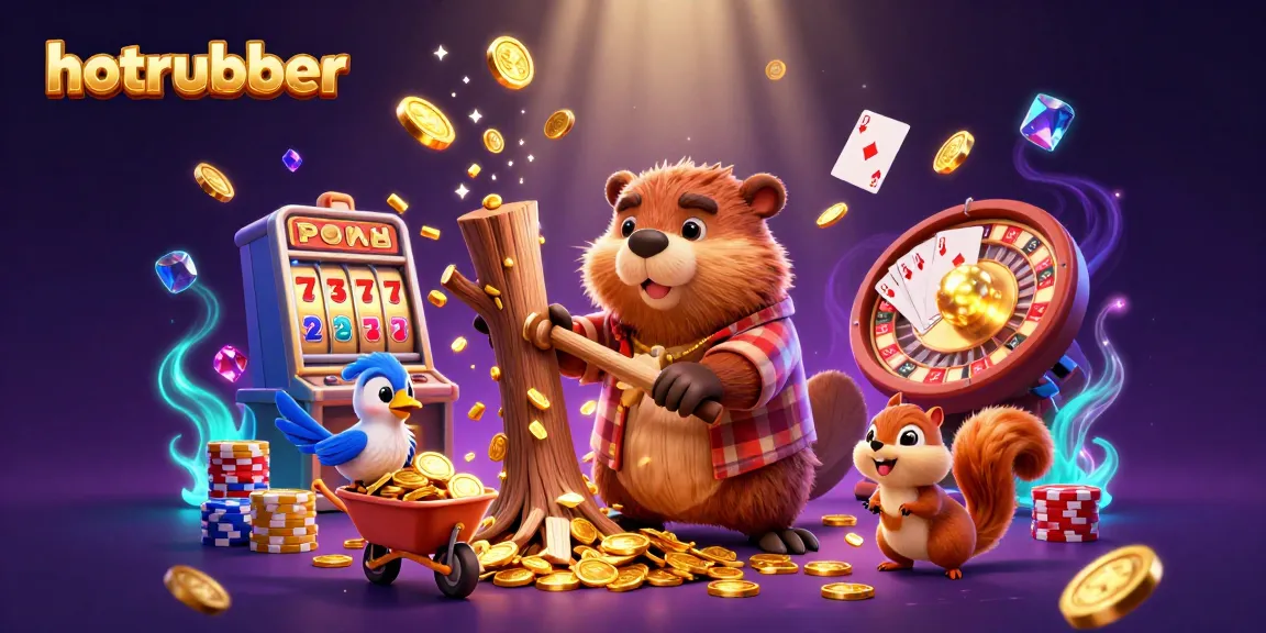 Experience the thrill of hotrubber casino games with a beaver collecting coins in a vibrant scene.