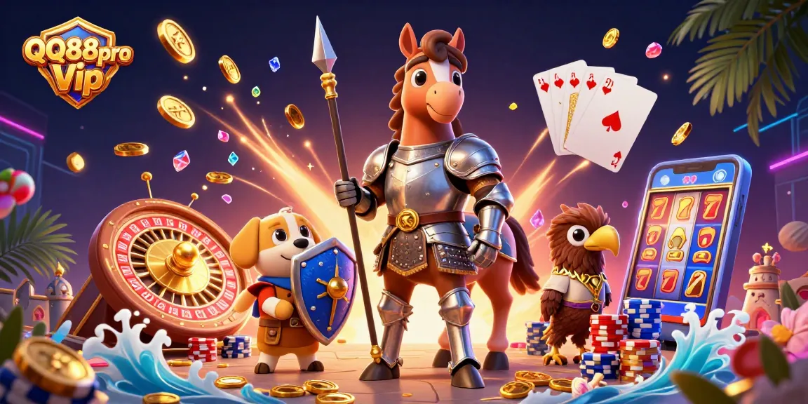 Experience thrilling gaming at QQ88pro Vip with a vibrant medieval-themed casino illustration.