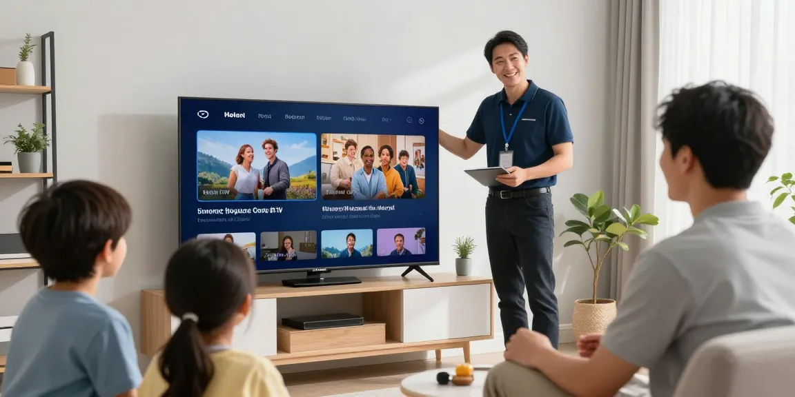 United kingdom IPTV expert helping a local customer with smart device setup, trusted service provider in a welcoming home environment.