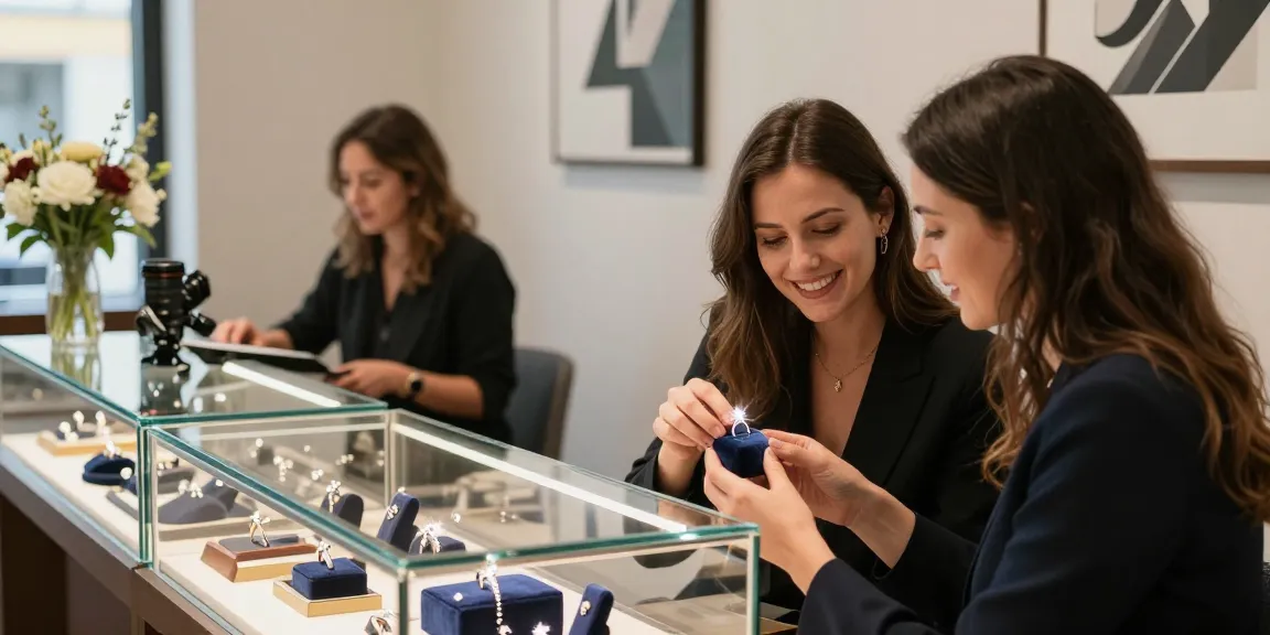 Couple exploring engagement rings installment plan in luxurious showroom.