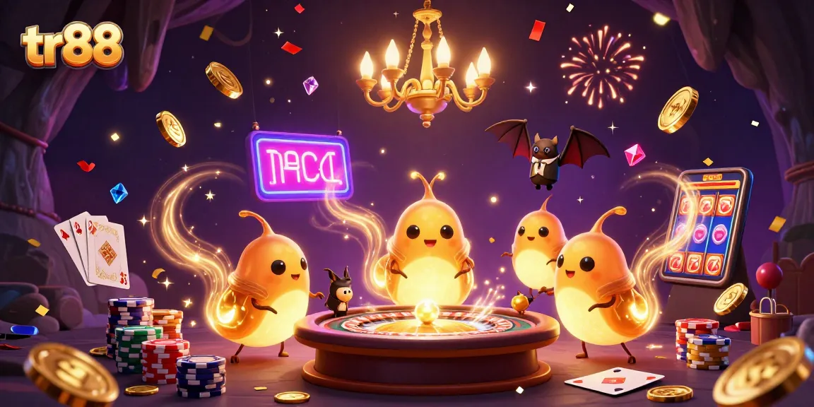 Experience the excitement of tr88 with glowing glowworms and a bat dealer in a vibrant casino scene.