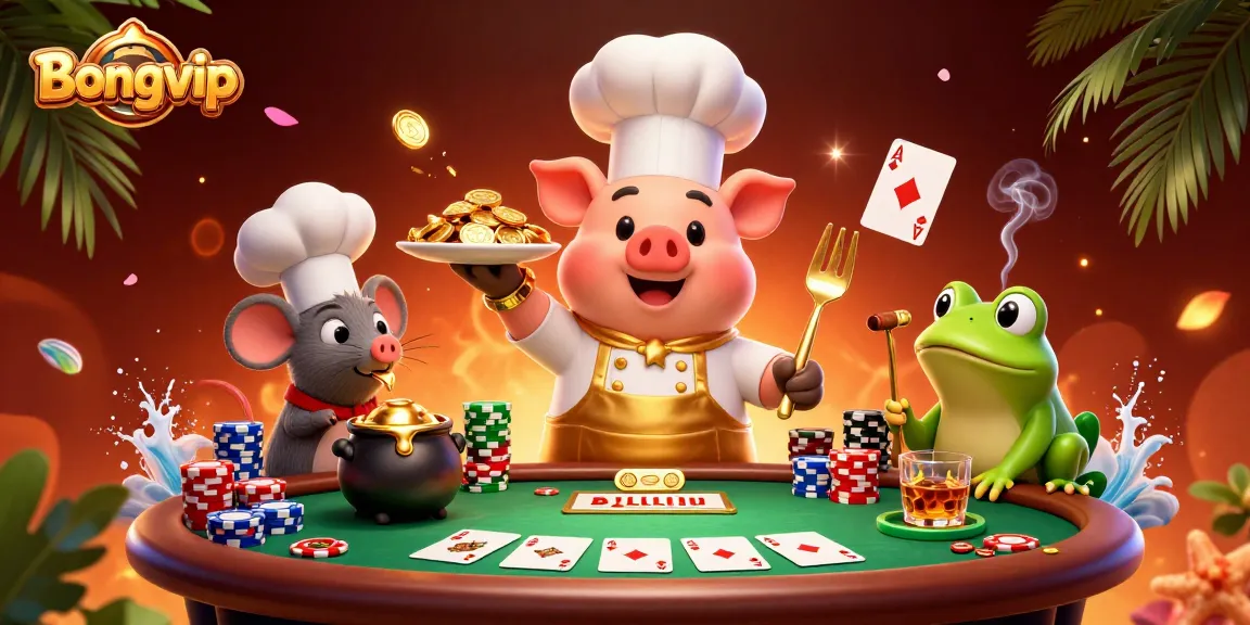 Bongvip invites gamers into a thrilling casino scene with a chef pig serving gold coins, highlighting excitement.